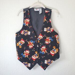 NutCracker Teddy Bear Plush Santa Hat Black Holiday Vest L Cute Christmas